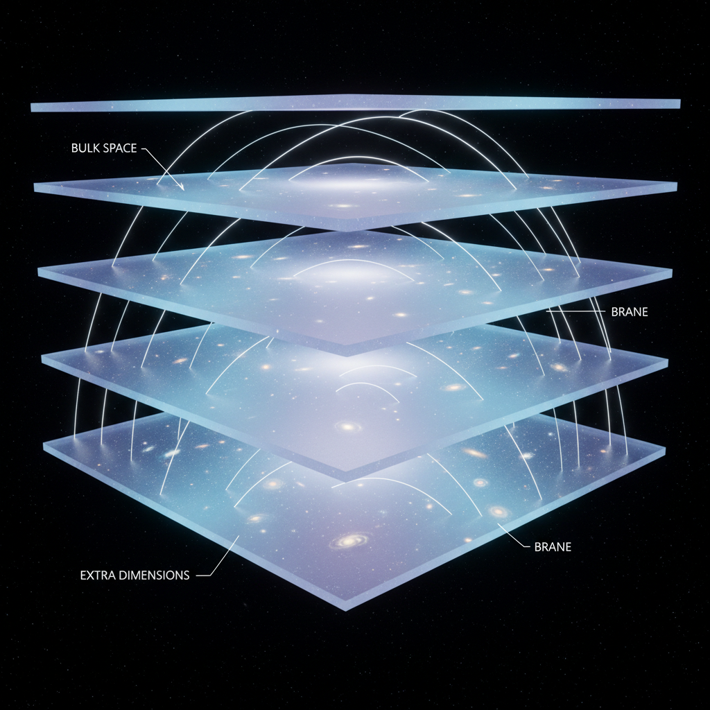 A detailed, photorealistic cross-sectional diagram of a higher-dimensional spacetime, rendered as a physical scene: multiple parallel branes appear as luminous, translucent layers stacked vertically in a dark void, each seeded with tiny galaxy clusters. Between them, faint, curved geodesic lines trace the path of gravity leaking into the extra dimension. Soft, cool white studio-style lighting illuminates the branes without harsh glare, creating crisp edges and gentle gradients across their surfaces. Subtle, tasteful labeling in clean, modern typography hovers near key structures, like extra dimensions and bulk space, while remaining unobtrusive. Captured from a slightly elevated, three-quarter view that shows both the layering and the depth between branes. The atmosphere is precise, academic, and orderly, evoking a professional research illustration brought to life as a photographic visualization.