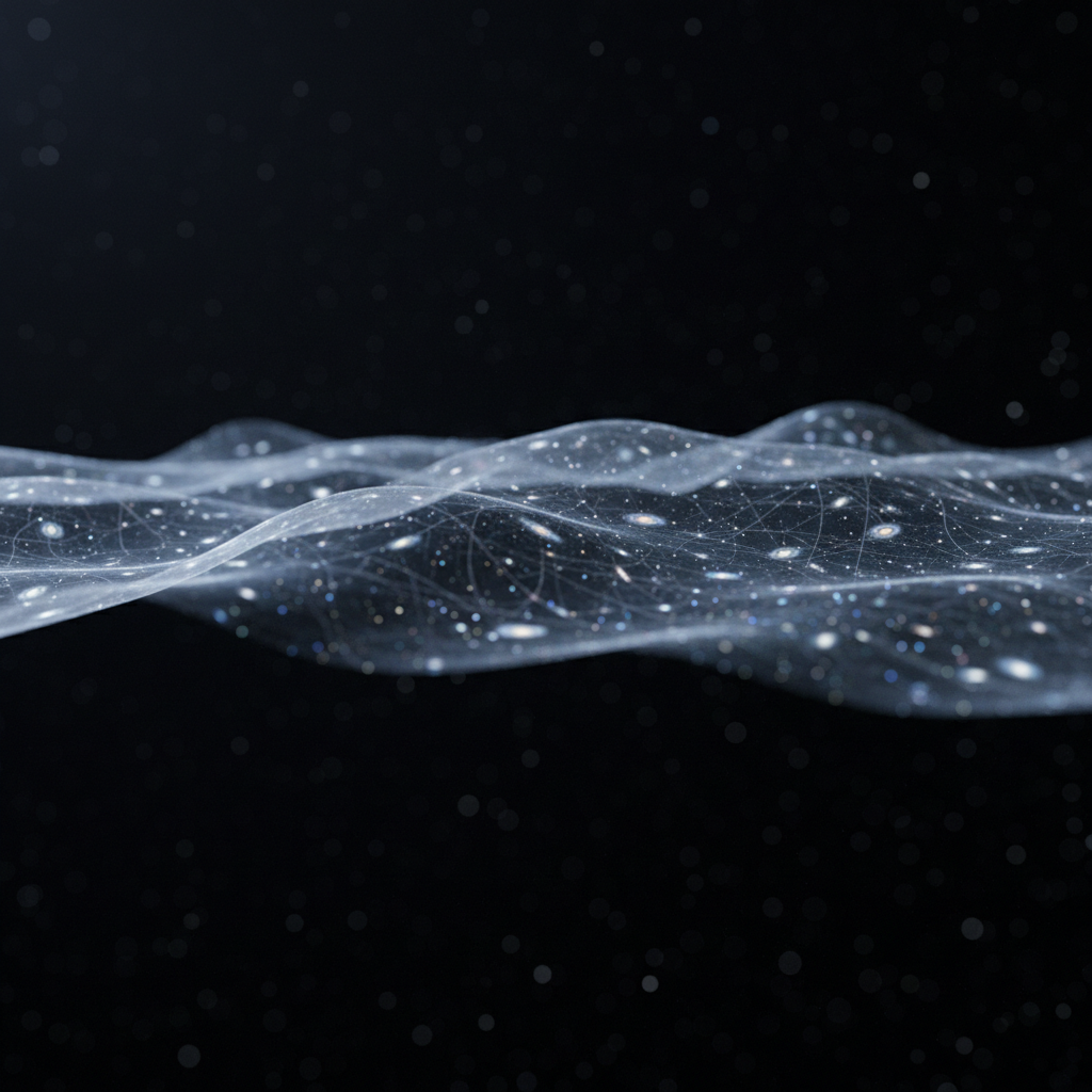 A photorealistic close-up of a single cosmic membrane representing our universe, depicted as a slightly undulating, semi-transparent sheet of space with embedded galaxies and dark matter filaments. The membrane floats horizontally in a black, extra-dimensional void, its edges softly fading into darkness. Cold, directional light from the upper left emphasizes the tiny warps and ripples in the brane’s surface, creating delicate highlights and shadowed valleys. Individual galaxies glow in natural colors—whites, blues, and faint reds—contrasting with the cool bluish tone of the membrane. Shot from a low, grazing angle to accentuate texture and curvature, with a shallow depth of field so the foreground structure is razor sharp while the distant regions blur into bokeh. The mood is analytical yet awe-inspiring, with a minimalist, professional scientific style.