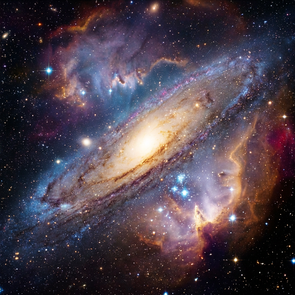 A large tilted spiral galaxy with a glowing core surrounded by colorful cosmic nebulae.